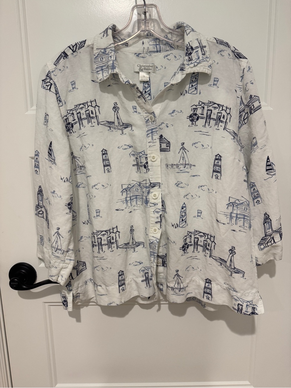Christopher & Banks White Button-Up Nautical Sketch Blouse